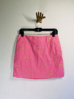J. Crew Pink & White Gingham Skirt With Embroidered Green Dragonflies Size 4